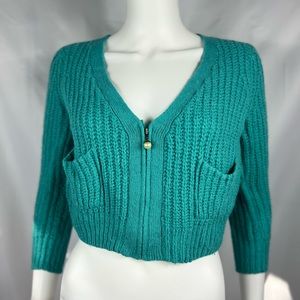 Cropped turquoise knit cardigan | zip up with pearl detail